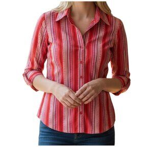 NEW YORK & COMPANY Red Pink Striped Button Down Long Sleeve Blouse - Size Medium
